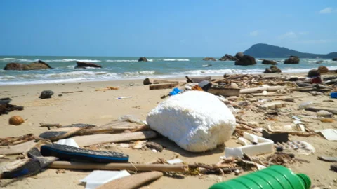 Large amount of plastic trash littering the ocean shore. Pollution problem Video stock 106017205