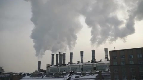 A large amount of smog comes out of pipes in the center of Moscow city. Stock Footage 147671423