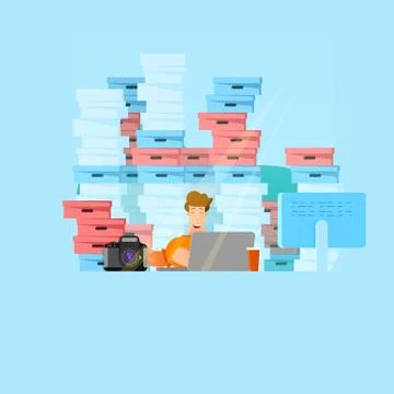 Large amount of work vector illustration. Busy overworked man sitting at tabl 스톡 일러스트