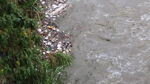 Large amounts of litter pooling at the banks of the river Stock Footage 63218436