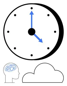 Large analog clock with blue arrows indicating time, brain with scribbles ins Illustrazione stock