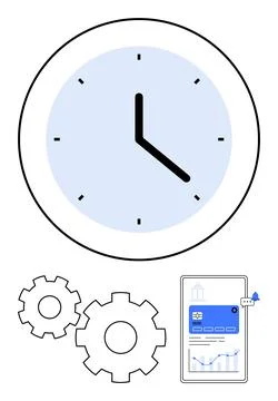 Large analog clock next to two gears and a smartphone screen showing data gra Stock Illustration
