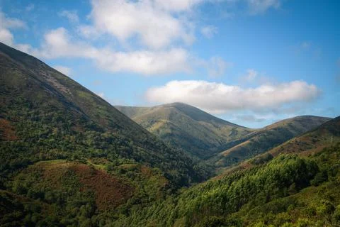 Large ancient mountains eroded into rounded shapes in the Xistral Range Stock Photos