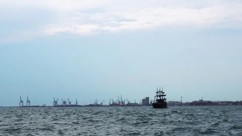 Large ancient retro sail ship vessel tourist attraction sailing slowly in calm Stock Footage 94964522