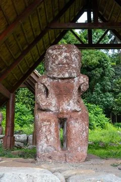 Large ancient tiki at Te Lipona, Puamau, Hiva Oa, French Polynesia Stock Photos