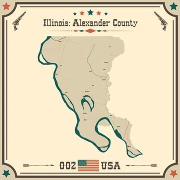 Large and accurate map of Alexander County, Illinois, USA with vintage colors Stock Illustration