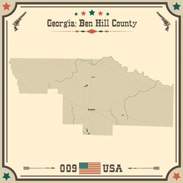 Large and accurate map of Ben Hill County, Georgia, USA with vintage colors. Stock Illustration