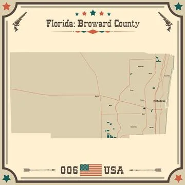 Large and accurate map of Broward County, Florida, USA with vintage colors. Stock Illustration