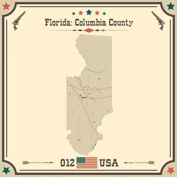 Large and accurate map of Columbia County, Florida, USA with vintage colors. Stock Illustration
