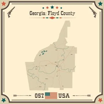 Large and accurate map of Floyd County, Georgia, USA with vintage colors. Stock Illustration