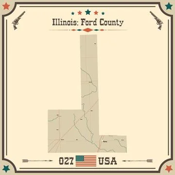 Large and accurate map of Ford County, Illinois, USA with vintage colors. Stock Illustration