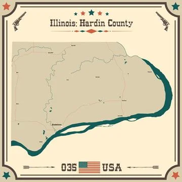 Large and accurate map of Hardin County, Illinois, USA with vintage colors. Stock Illustration