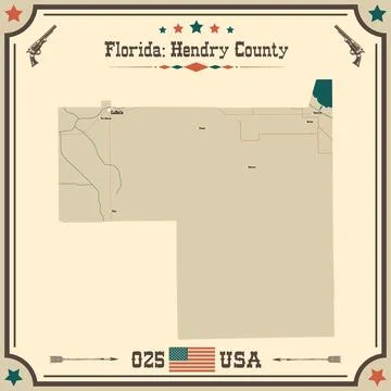 Large and accurate map of Hendry County, Florida, USA with vintage colors. Stock Illustration