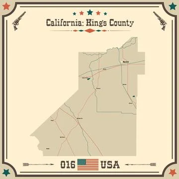 Large and accurate map of Kings County, California, USA with vintage colors. Stock Illustration