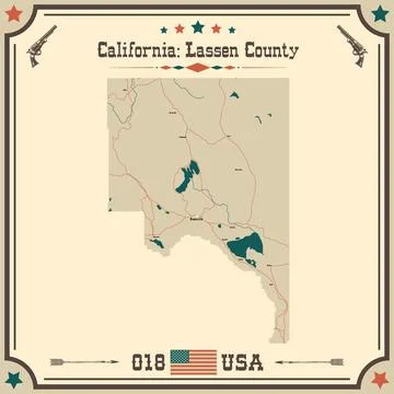 Large and accurate map of Lassen County, California, USA with vintage colors. Stock Illustration
