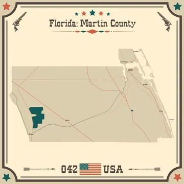 Large and accurate map of Martin County, Florida, USA with vintage colors. Stock Illustration