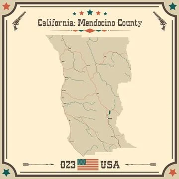 Large and accurate map of Mendocino County, California, USA with vintage co.. Stock Illustration