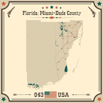 Large and accurate map of Miami-Dade County, Florida, USA with vintage colors 스톡 일러스트