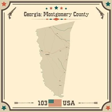 Large and accurate map of Montgomery County, Georgia, USA with vintage colors Stock Illustration