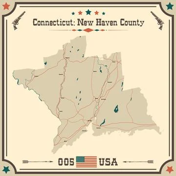 Large and accurate map of New Haven County, Connecticut, USA with vintage c.. Illustrazione stock