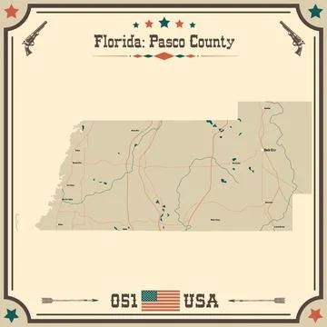 Large and accurate map of Pasco County, Florida, USA with vintage colors. 스톡 일러스트