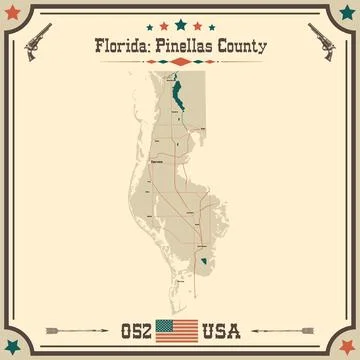 Large and accurate map of Pinellas County, Florida, USA with vintage colors. Illustrazione stock