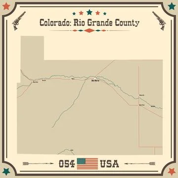 Large and accurate map of Rio Grande County, Colorado, USA with vintage color Stock Illustration