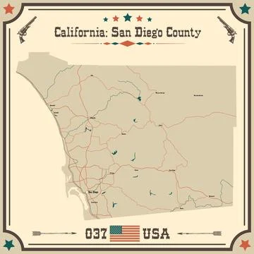 Large and accurate map of San Diego County, California, USA with vintage co.. Stock Illustration