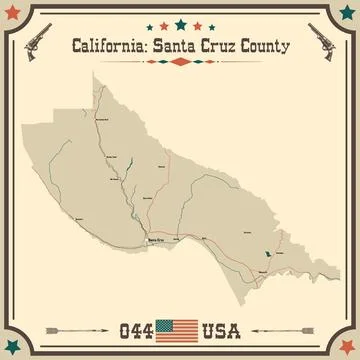 Large and accurate map of Santa Cruz County, California, USA with vintage c.. Stock Illustration