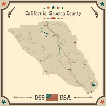 Large and accurate map of Sonoma County, California, USA with vintage colors. Stock Illustration