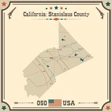 Large and accurate map of Stanislaus County, California, USA with vintage c.. Stock Illustration