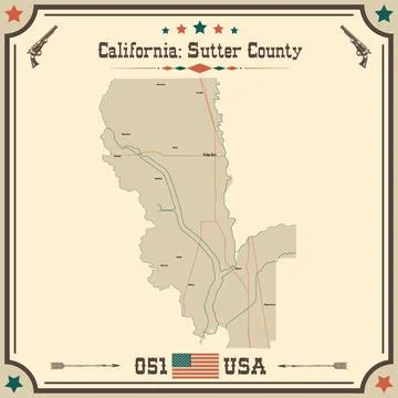 Large and accurate map of Sutter County, California, USA with vintage colors. Stock Illustration