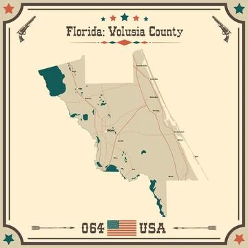 Large and accurate map of Volusia County, Florida, USA with vintage colors. Stock Illustration