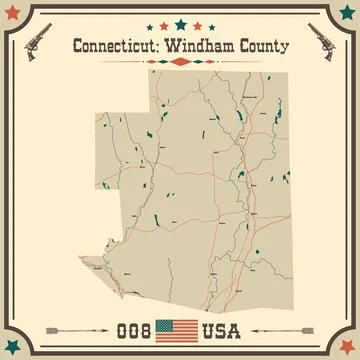 Large and accurate map of Windham County, Connecticut, USA with vintage color Stock Illustration