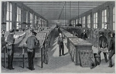 A large and busy composing-room at a Parisian [?] printers' establishment. .. Stock Illustration