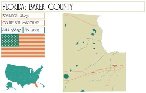 Large and detailed map of Baker County in Florida USA. Illustrazione stock