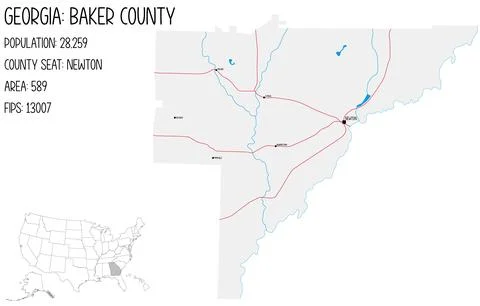 Large and detailed map of Baker County in Georgia, USA. Stock Illustration