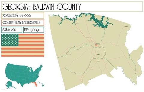 Large and detailed map of Baldwin County in Georgia USA. Stock Illustration