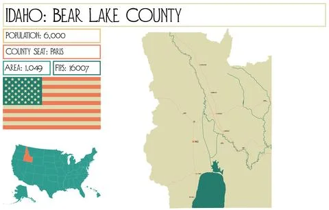 Large and detailed map of Bear Lake County in Idaho USA. 库存插图