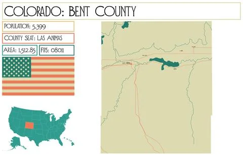 Large and detailed map of Bent County in Colorado USA. Stock Illustration