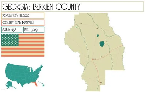 Large and detailed map of Berrien County in Georgia USA. Stock Illustration