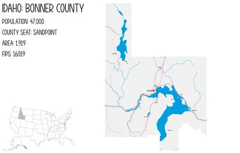 Large and detailed map of Bonner County in Idaho, USA. Stock Illustration