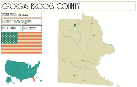 Large and detailed map of Brooks County in Georgia USA. Stock Illustration