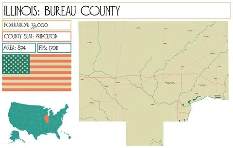 Large and detailed map of Bureau County in Illinois USA. Stock Illustration