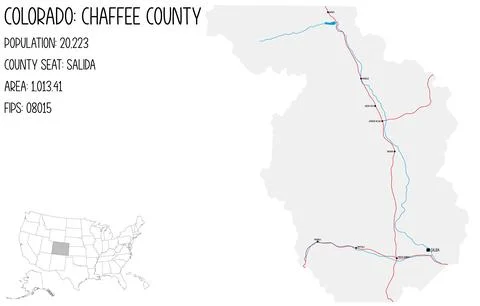 Large and detailed map of Chaffee County in Colorado, USA. Stock Illustration