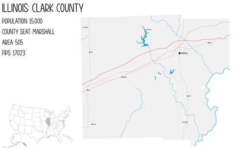 Large and detailed map of Clark County in Illinois, USA. Stock Illustration