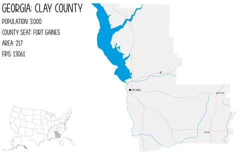 Large and detailed map of Clay County in Georgia, USA. Stock Illustration