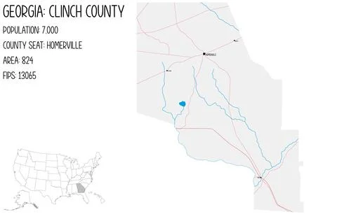 Large and detailed map of Clinch County in Georgia, USA. Stock Illustration