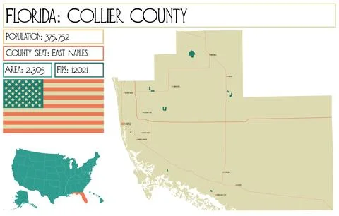 Large and detailed map of Collier County in Florida USA. Stock Illustration