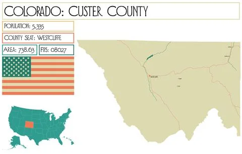 Large and detailed map of Custer County in Colorado USA. Stock Illustration